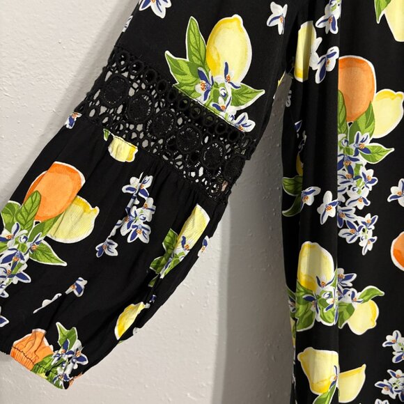 Crown & Ivy XL Black Citrus Lemons Oranges Boho Dress Pom Trim Crochet Rayon - Picture 4 of 15